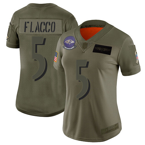 Custom Ravens #5 Joe Flacco Camo Women’s Stitched Football Limited 2019 Salute to Service Jersey