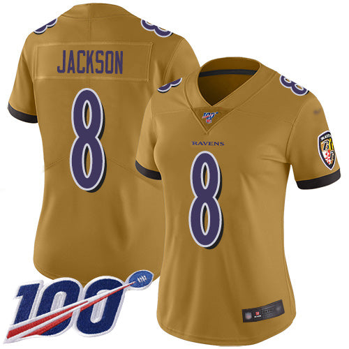 Custom Ravens #8 Lamar Jackson Gold Women’s Stitched Football Limited Inverted Legend 100th Season Jersey