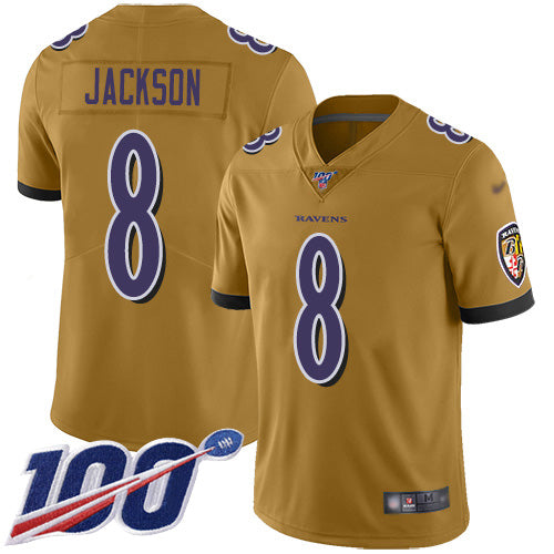 Custom Ravens #8 Lamar Jackson Gold Youth Stitched Football Limited Inverted Legend 100th Season Jersey