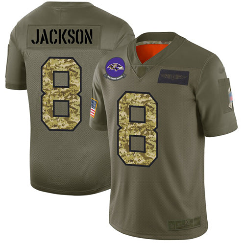 Custom Ravens #8 Lamar Jackson Olive Camo Men’s Stitched Football Limited 2019 Salute To Service Jersey