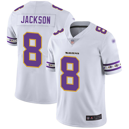 Custom Ravens #8 Lamar Jackson White Men’s Stitched Football Limited Team Logo Fashion Jersey