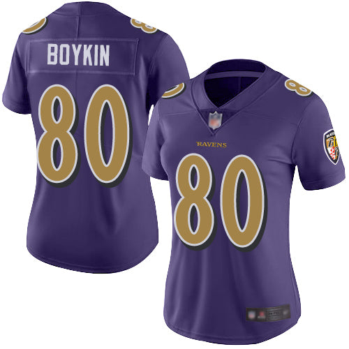 Custom Ravens #80 Miles Boykin Purple Women’s Stitched Football Limited Rush Jersey
