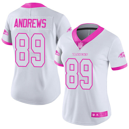 Custom Ravens #89 Mark Andrews White Pink Women’s Stitched Football Limited Rush Fashion Jersey