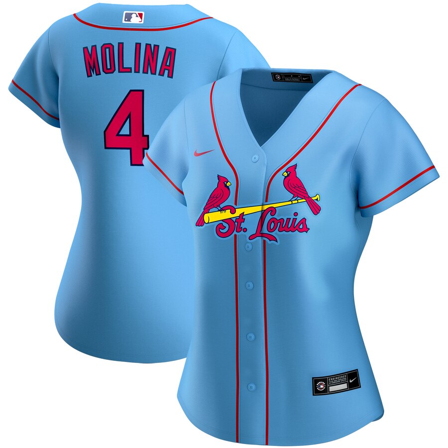 Custom St. Louis Cardinals #4 Yadier Molina Women’s Alternate 2020 MLB Player Jersey Light Blue