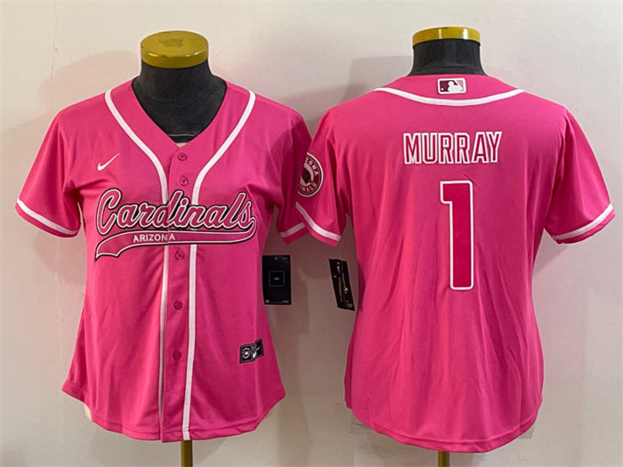 Custom Women’s Arizona Cardinals #1 Kyler Murray Pink With Patch Cool Base Stitched Baseball Jersey(Run Small)