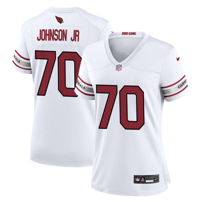 Custom Women’s Arizona Cardinals #70 Paris Johnson Jr White 2023 Draft Stitched Game Jersey(Run Small)