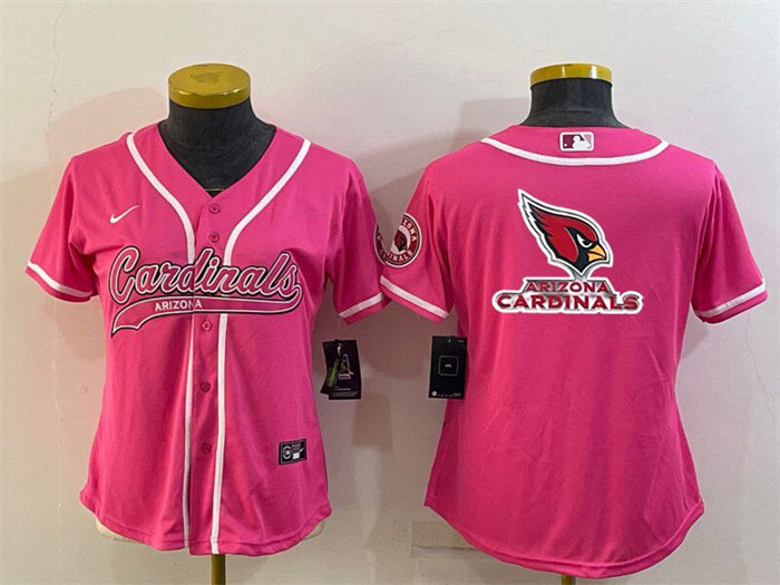 Custom Women’s Arizona Cardinals Pink Team Big Logo With Patch Cool Base Stitched Baseball Jersey(Run Small)
