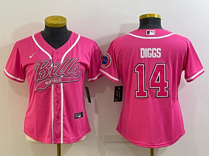 Custom Women’s Buffalo Bills #14 Stefon Diggs Pink With Patch Cool Base Stitched Baseball Jersey(Run Small)