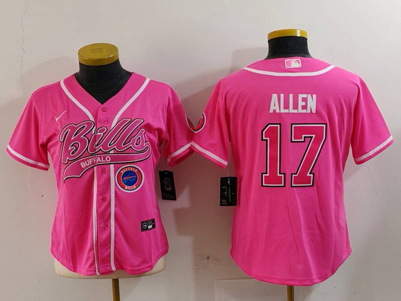Custom Women’s Buffalo Bills #17 Josh Allen Pink Cool Base Stitched Baseball Jerseys