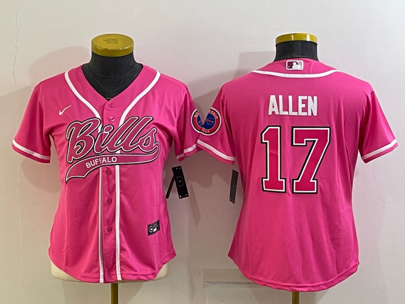 Custom Women’s Buffalo Bills #17 Josh Allen Pink With Patch Cool Base Stitched Baseball Jersey(Run Small)