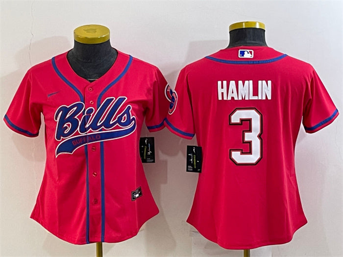 Custom Women’s Buffalo Bills #3 Damar Hamlin Red With Patch Cool Base Stitched Baseball Jersey(Run Small)
