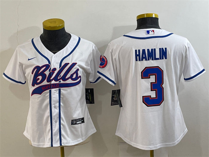 Custom Women’s Buffalo Bills #3 Damar Hamlin White With Patch Cool Base Stitched Baseball Jersey(Run Small)