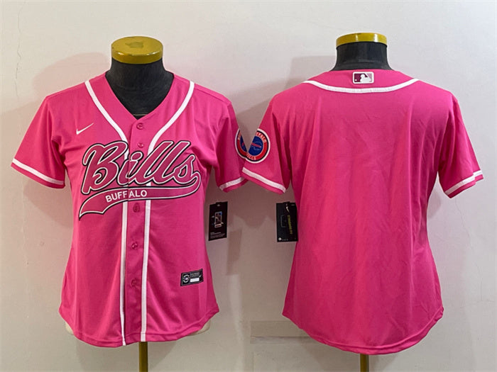 Custom Women’s Buffalo Bills Blank Pink With Patch Cool Base Stitched Baseball Jersey(Run Small)