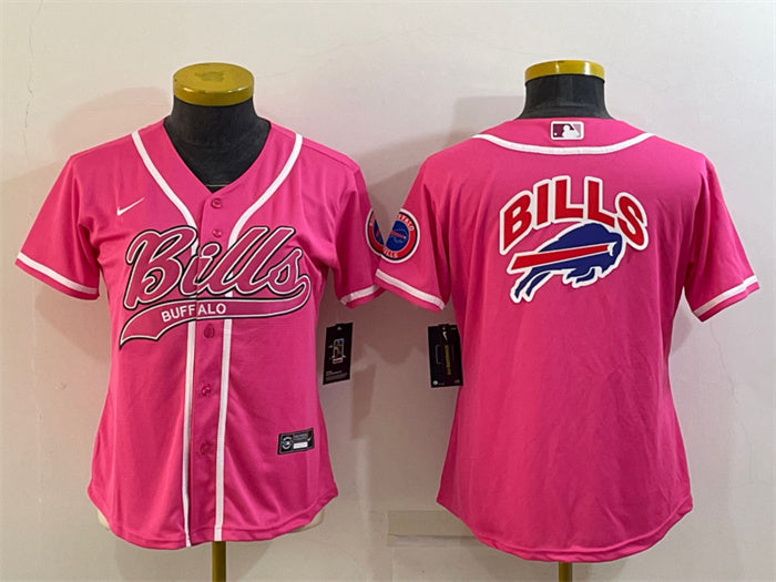 Custom Women’s Buffalo Bills Pink Team Big Logo With Patch Cool Base Stitched Baseball Jersey(Run Small)