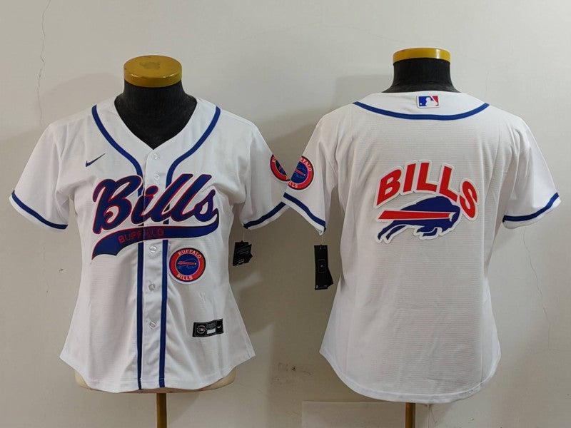 Custom Women’s Buffalo Bills White Team Big Logo With Patch Cool Base Stitched Baseball Jersey