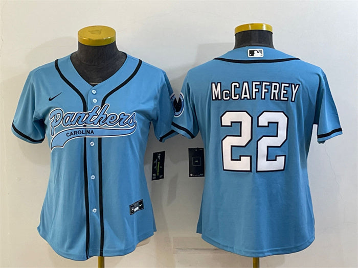 Custom Women’s Carolina Panthers #22 Christian McCaffrey Blue With Patch Cool Base Stitched Baseball Jersey(Run Small)