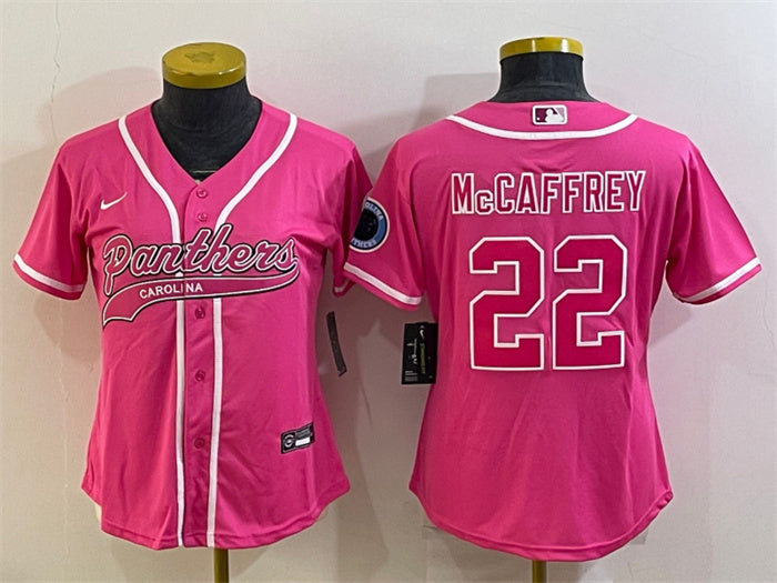 Custom Women’s Carolina Panthers #22 Christian McCaffrey Pink With Patch Cool Base Stitched Baseball Jersey(Run Small)