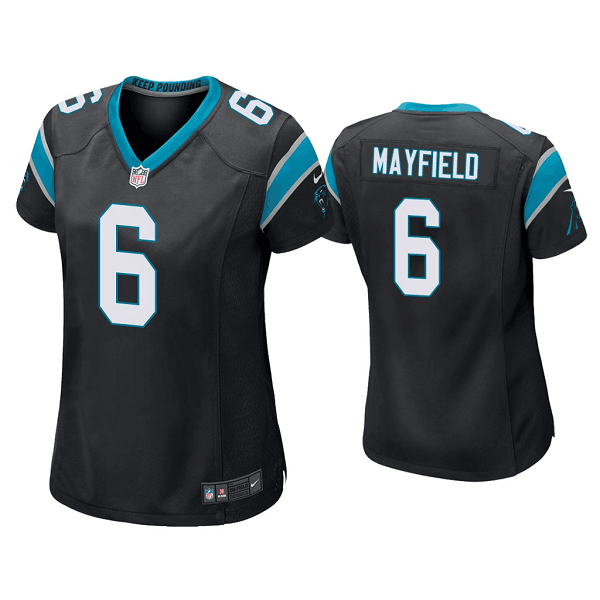 Custom Women’s Carolina Panthers #6 Baker Mayfield Black Stitched Game Jersey(Run Small)