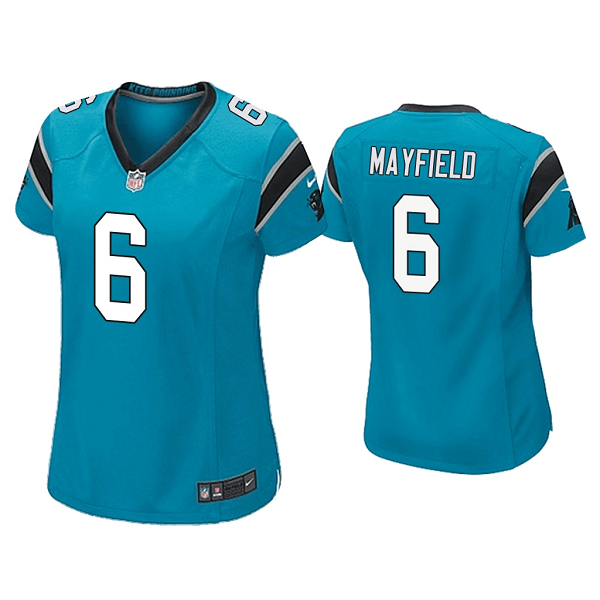 Custom Women’s Carolina Panthers #6 Baker Mayfield Blue Stitched Game Jersey(Run Small)
