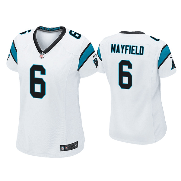 Custom Women’s Carolina Panthers #6 Baker Mayfield White Stitched Game Jersey(Run Small)