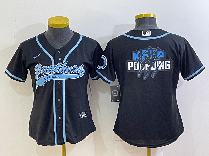 Custom Women’s Carolina Panthers Black Team Big Logo With Patch Cool Base Stitched Baseball Jersey(Run Small)