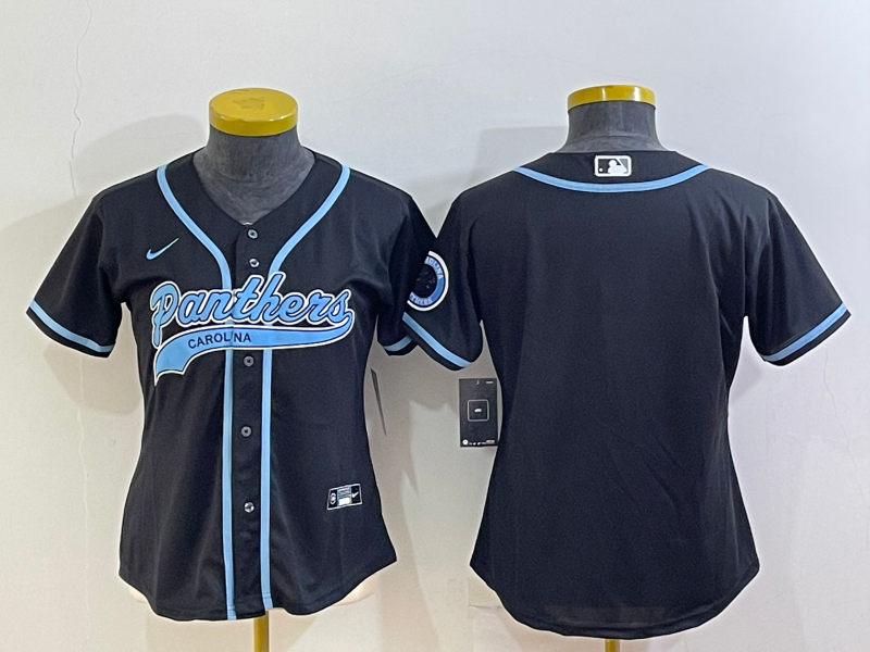 Custom Women’s Carolina Panthers Blank Black With Patch Cool Base Stitched Baseball Jersey(Run Small)