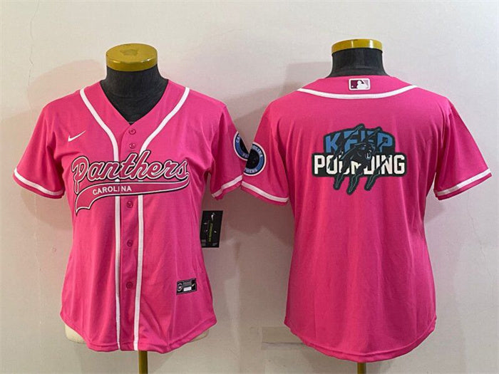 Custom Women’s Carolina Panthers Pink Team Big Logo With Patch Cool Base Stitched Baseball Jersey(Run Small)