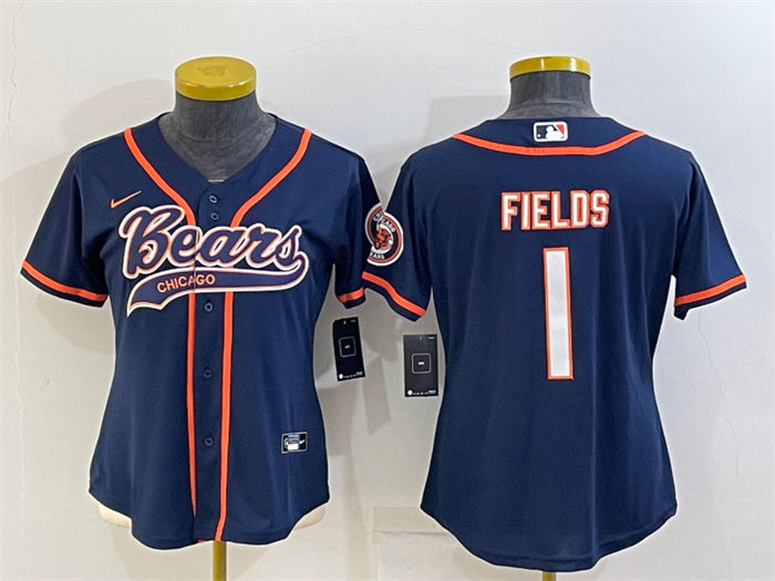 Custom Women’s Chicago Bears #1 Justin Fields Navy With Patch Cool Base Stitched Baseball Jersey(Run Small)