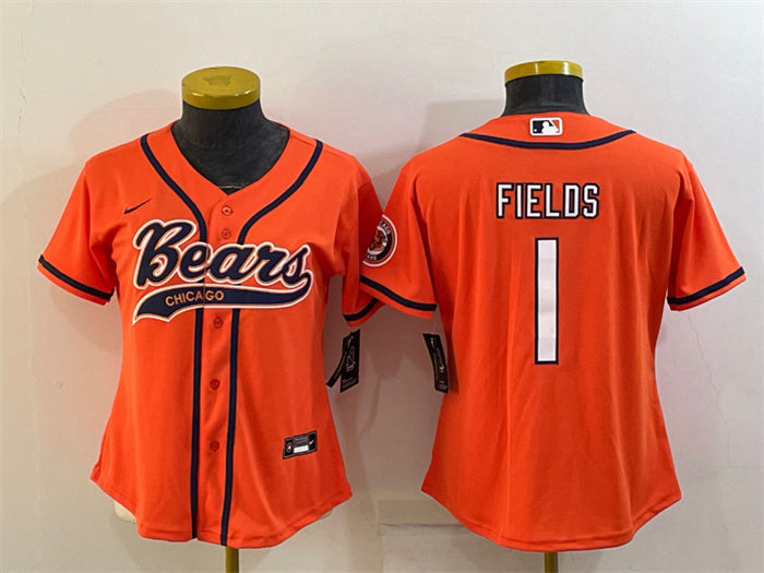 Custom Women’s Chicago Bears #1 Justin Fields Orange With Patch Cool Base Stitched Baseball Jersey(Run Small)
