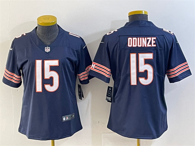 Custom Women’s Chicago Bears #15 Rome Odunze Navy 2024 Draft Vapor Stitched Jersey(Run Small)
