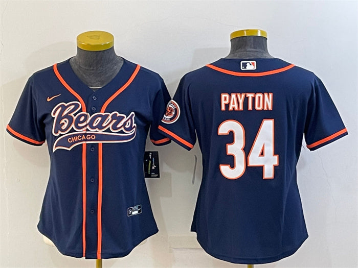 Custom Women’s Chicago Bears #34 Walter Payton Navy With Patch Cool Base Stitched Baseball Jersey(Run Small)