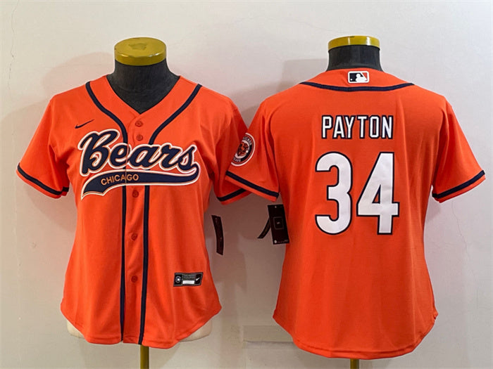 Custom Women’s Chicago Bears #34 Walter Payton Orange With Patch Cool Base Stitched Baseball Jersey(Run Small)