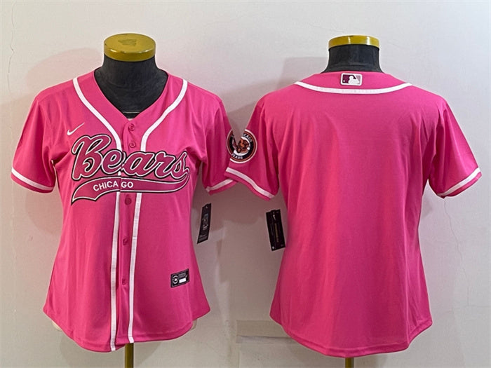 Custom Women’s Chicago Bears Blank Pink With Patch Cool Base Stitched Baseball Jersey(Run Small)