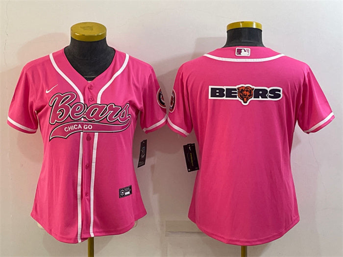 Custom Women’s Chicago Bears Pink Team Big Logo With Patch Cool Base Stitched Baseball Jersey(Run Small)