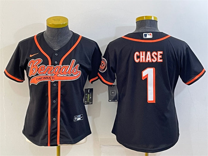 Custom Women’s Cincinnati Bengals #1 Ja’Marr Chase Black With Patch Cool Base Stitched Baseball Jersey(Run Small)