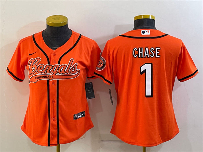 Custom Women’s Cincinnati Bengals #1 Ja’Marr Chase Orange With Patch Cool Base Stitched Baseball Jersey(Run Small)