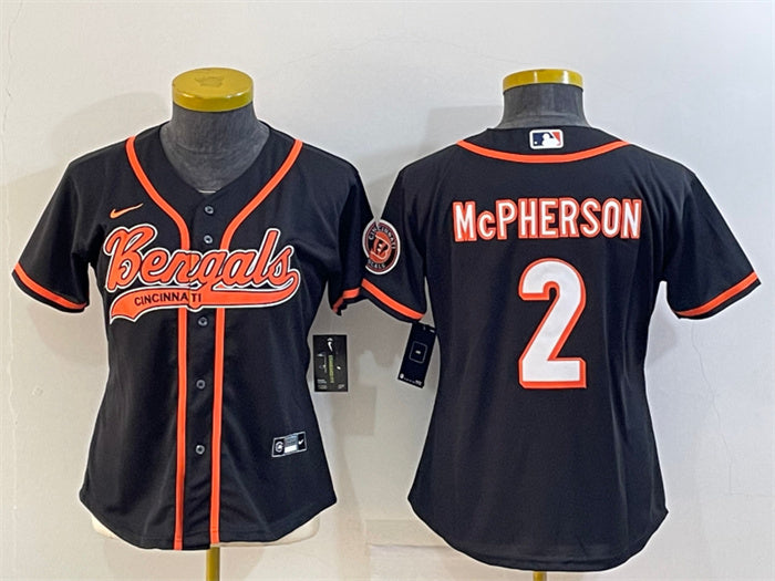 Custom Women’s Cincinnati Bengals #2 Evan McPherson Black With Patch Cool Base Stitched Baseball Jersey(Run Small)