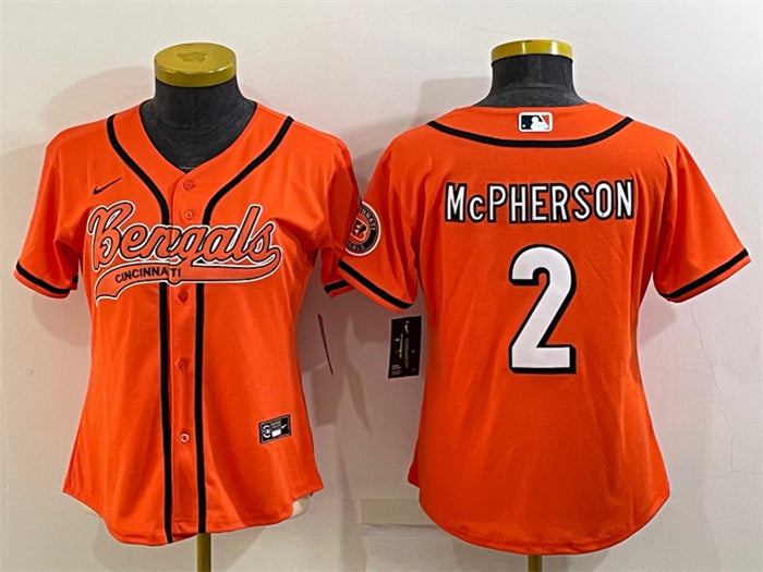Custom Women’s Cincinnati Bengals #2 Evan McPherson Orange With Patch Cool Base Stitched Baseball Jersey(Run Small)