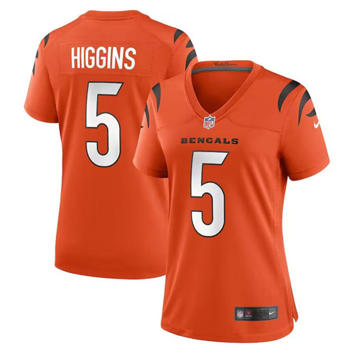 Custom Women’s Cincinnati Bengals #5 Tee Higgins Orange Stitched Game Jersey(Run Small)