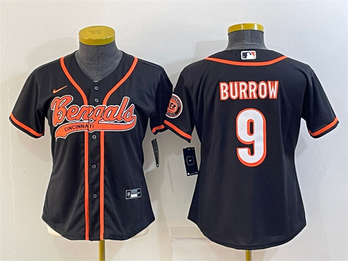 Custom Women’s Cincinnati Bengals #9 Joe Burrow Black With Patch Cool Base Stitched Baseball Jersey(Run Small)
