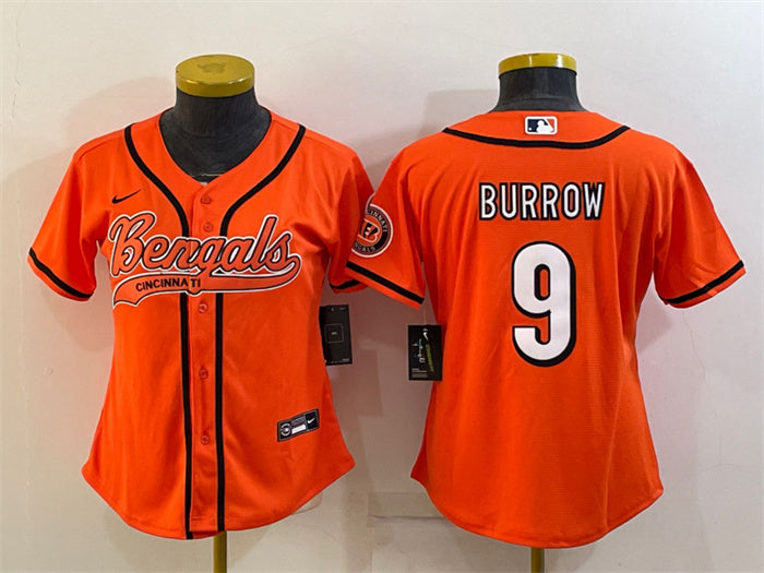 Custom Women’s Cincinnati Bengals #9 Joe Burrow Orange With Patch Cool Base Stitched Baseball Jersey(Run Small)