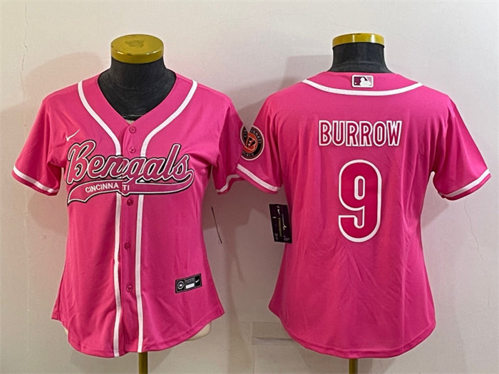 Custom Women’s Cincinnati Bengals #9 Joe Burrow Pink With Patch Cool Base Stitched Baseball Jersey(Run Small)