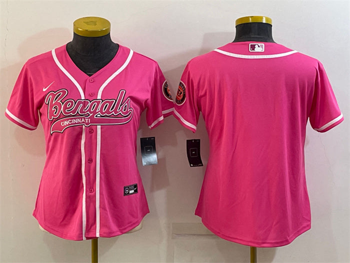 Custom Women’s Cincinnati Bengals Blank Pink With Patch Cool Base Stitched Baseball Jersey(Run Small)