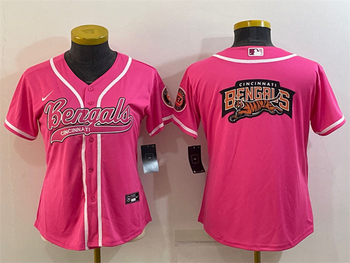 Custom Women’s Cincinnati Bengals Pink Team Big Logo With Patch Cool Base Stitched Baseball Jersey(Run Small)