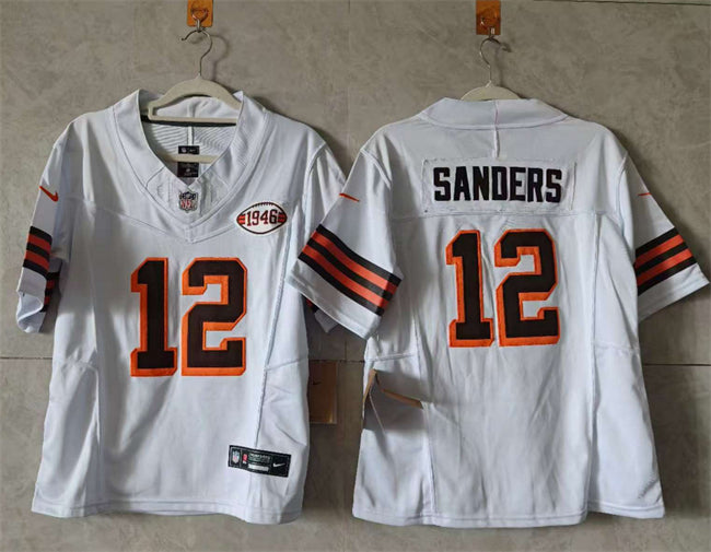 Custom Women’s Cleveland Browns #12 Shedeur Sanders White 2025 Draft 1946 Collection F.U.S.E. Stitched Jersey(Run Small)