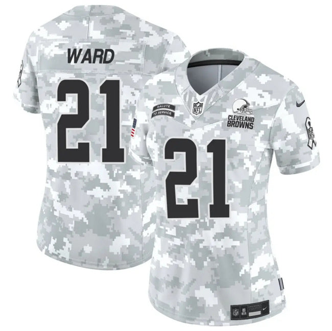 Custom Women’s Cleveland Browns #21 Denzel Ward 2024 F.U.S.E Arctic Camo Salute To Service Limited Stitched Jersey(Run Small)