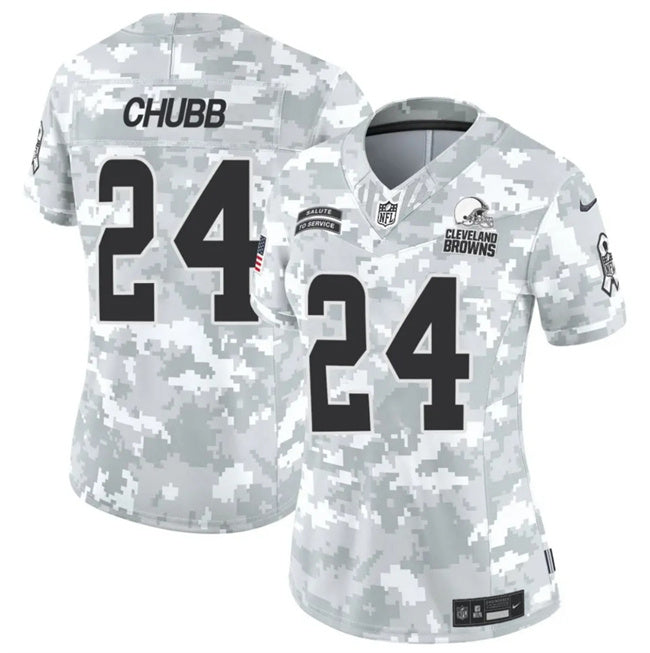 Custom Women’s Cleveland Browns #24 Nick Chubb 2024 F.U.S.E Arctic Camo Salute To Service Limited Stitched Jersey(Run Small)