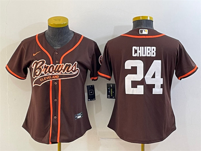 Custom Women’s Cleveland Browns #24 Nick Chubb Brown With Patch Cool Base Stitched Baseball Jersey(Run Small)