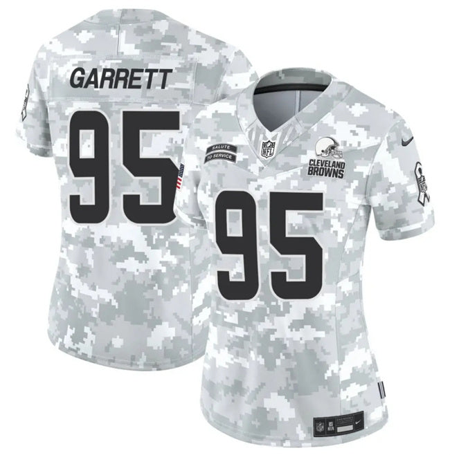 Custom Women’s Cleveland Browns #95 Myles Garrett 2024 F.U.S.E Arctic Camo Salute To Service Limited Stitched Jersey(Run Small)