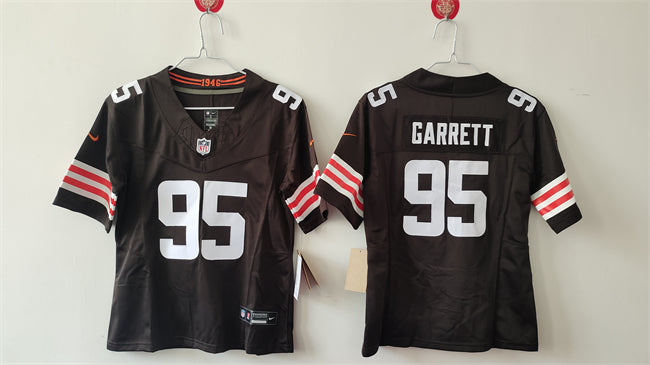 Custom Women’s Cleveland Browns #95 Myles Garrett Brown 2024 F.U.S.E Stitched Jersey(Run Small)
